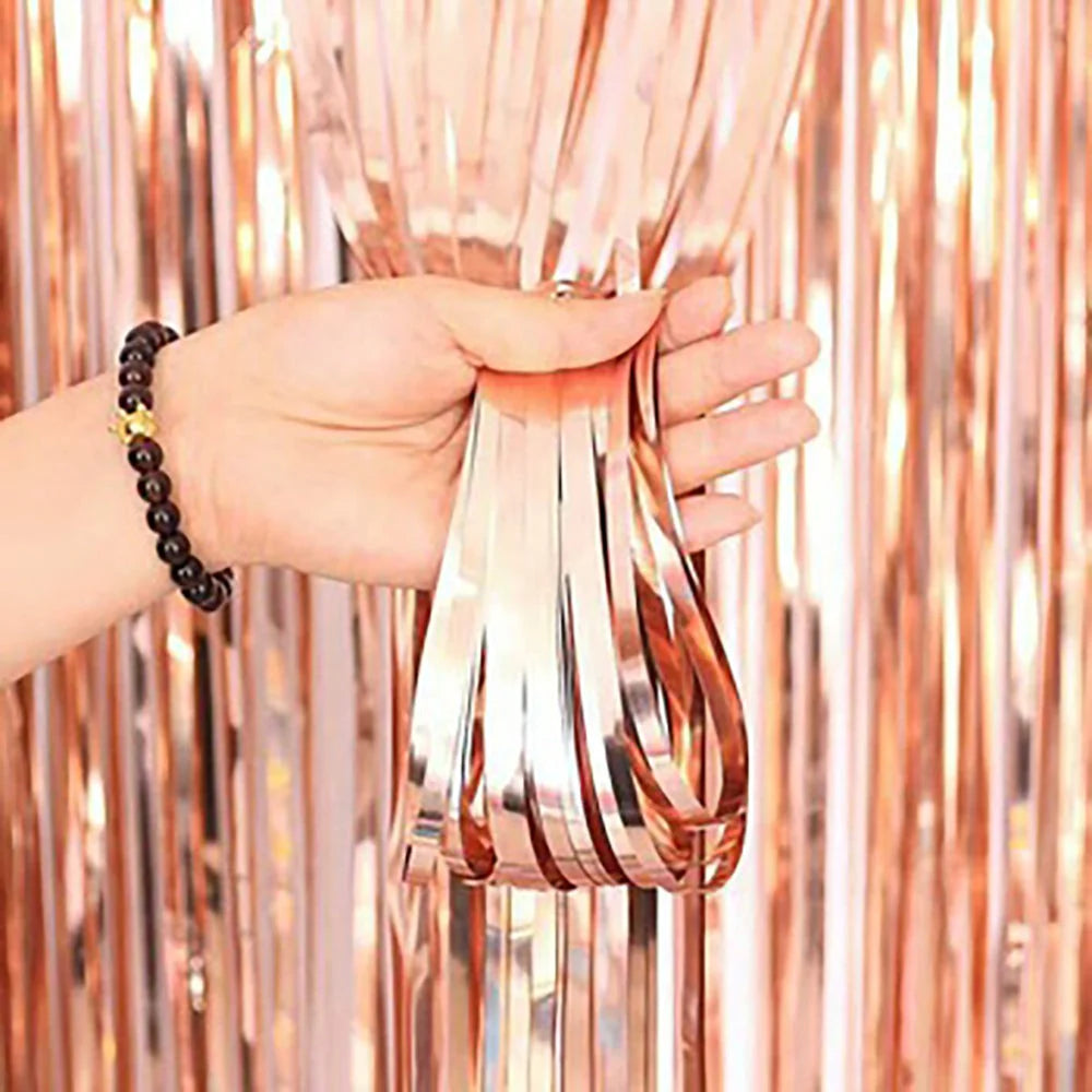 3ft X 6.5ft FOIL FRINGE CURTAIN - METALLIC ROSE GOLD