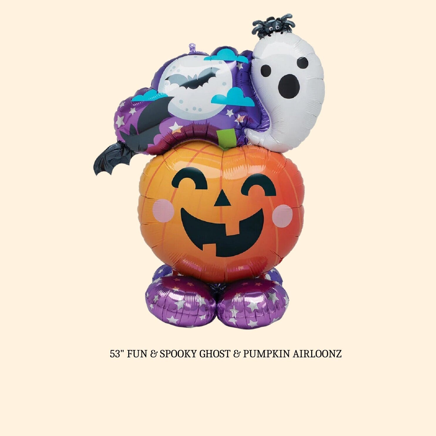 This Fun & Spooky Ghost & Pumpkin Airloonz balloon stands 53" high when fully inflated and is designed to be inflated with air only. No helium required!