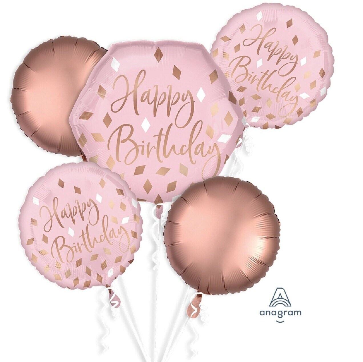 This five-pack of balloons includes a large hexagonal "Happy Birthday" focus balloon, two matching round balloons, two solid rose gold fill balloons, and two rose gold Orbz balloons to tie it all together.