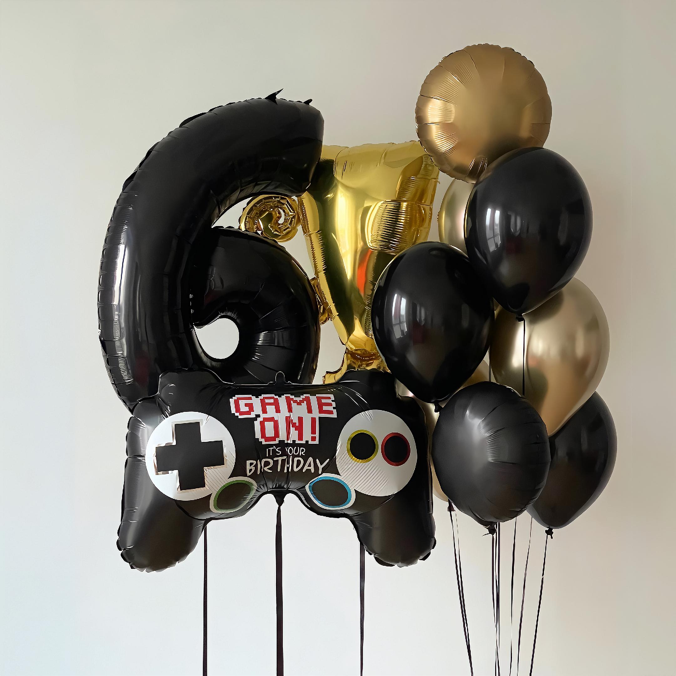 Gamer Birthday Balloon Bouquet: Game Controller, Trophy, Black & Gold
