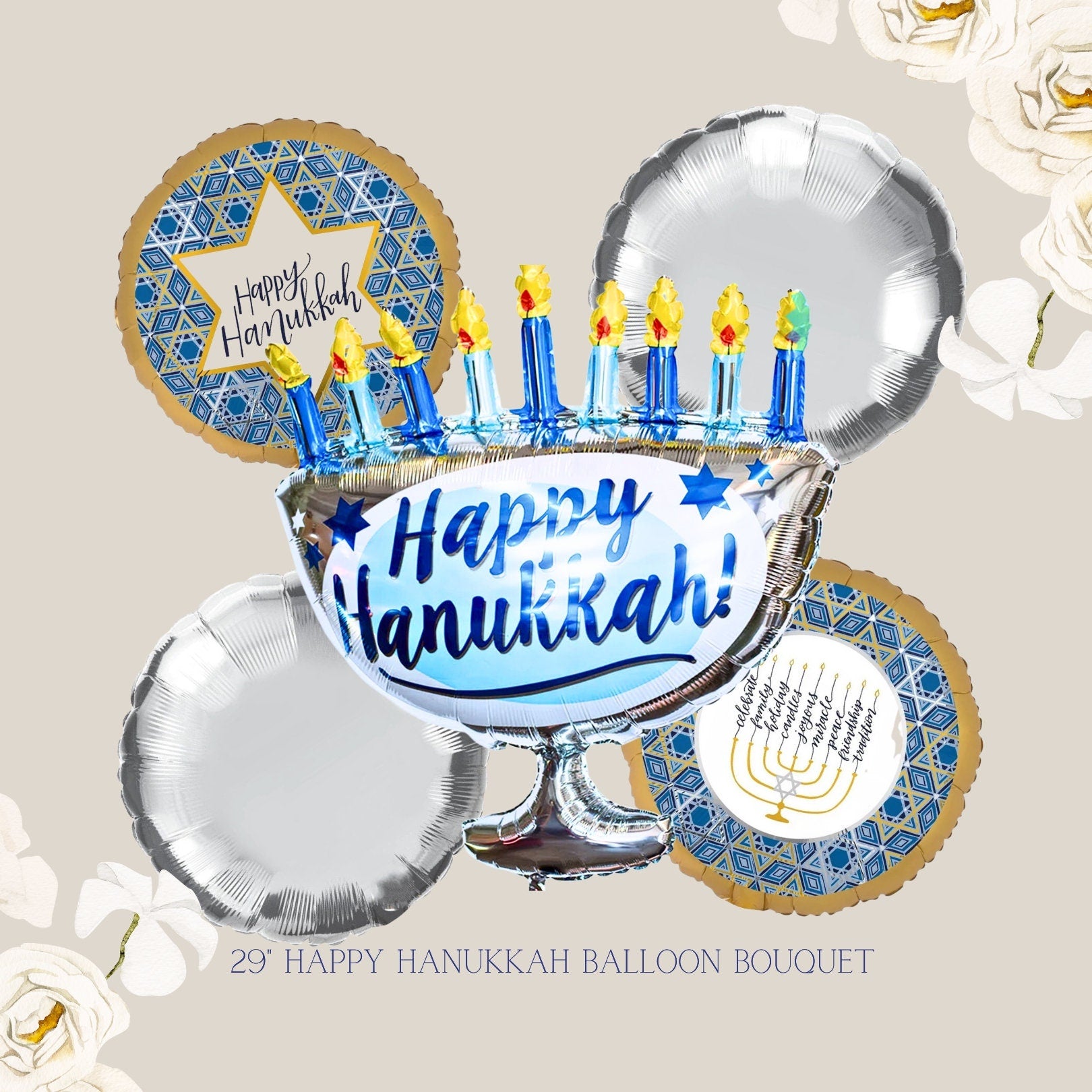 Hanukkah Balloon Bouquet: Menorah & Star Foil Mylar Decor