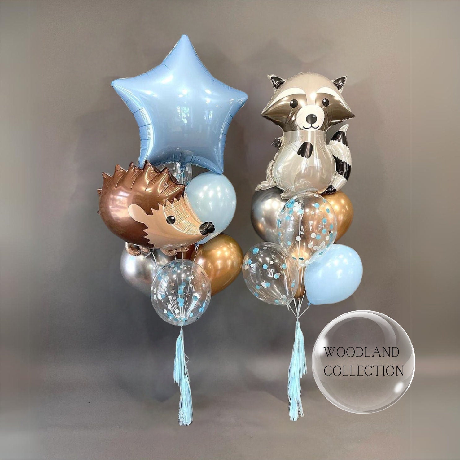 Woodland Animal Balloon Bouquet: Raccoon, Hedgehog & Star