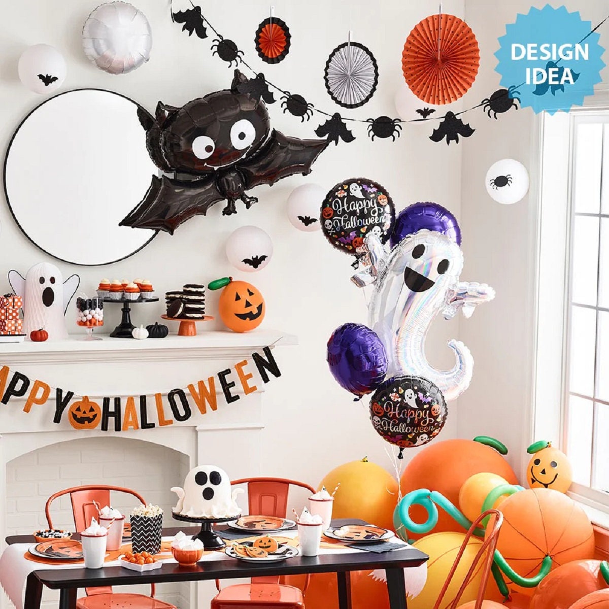 Iridescent Ghost Halloween Balloon Bouquet: Witch Hat Party Decor