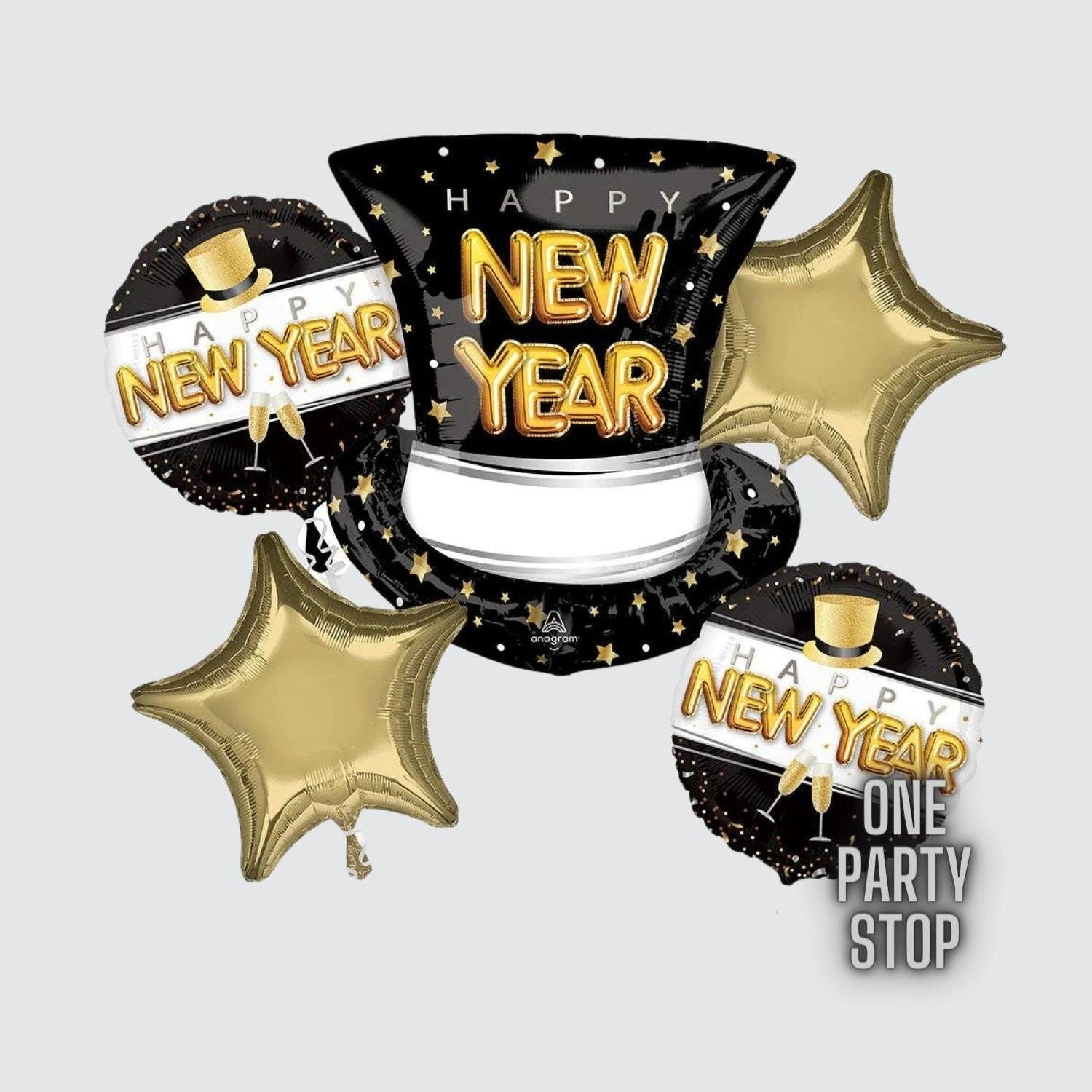 New Year Balloon Bouquet: Top Hat, Gold Stars, Cheers