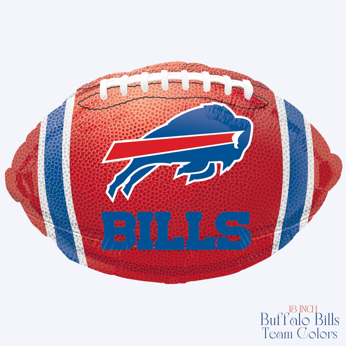 This product is a Buffalo Bills themed foil football balloon designed for NFL celebrations. The primary colors are royal blue, red, silver, and white. It is suitable for Buffalo Bills birthdays, football birthdays, Bills Mafia parties, NFL game-day celebrations, watch parties, tailgates, playoffs, championship games, and football-themed events.