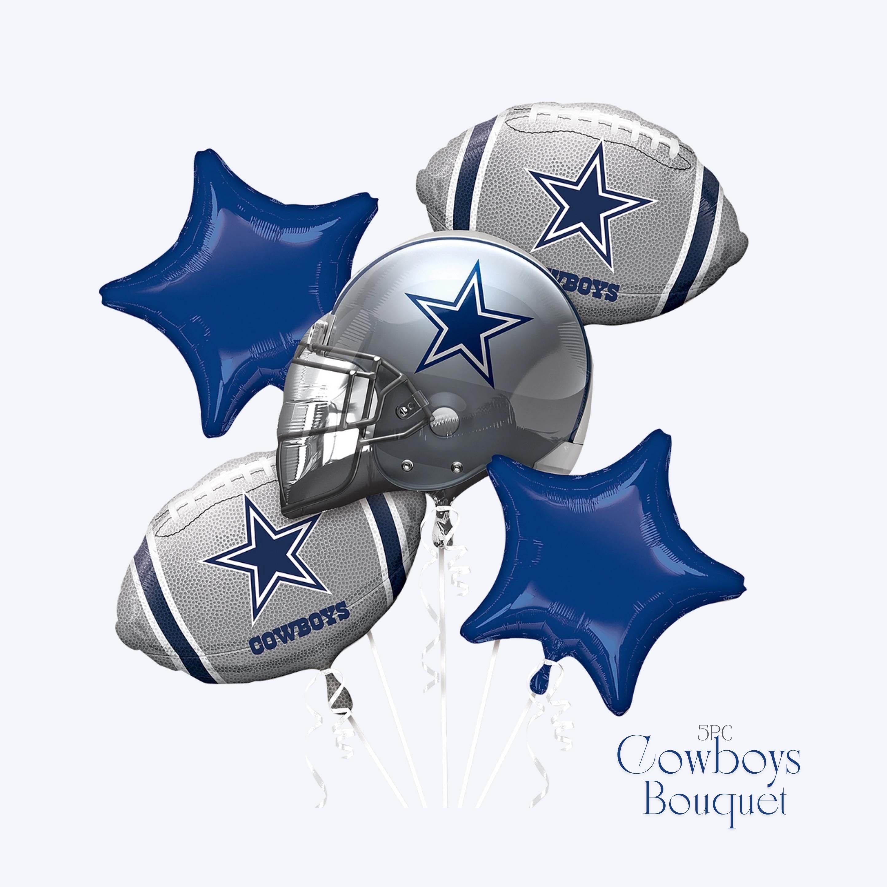 Balloon bouquet featuring footballs and helmet with 'Cowboys' branding on a white background.