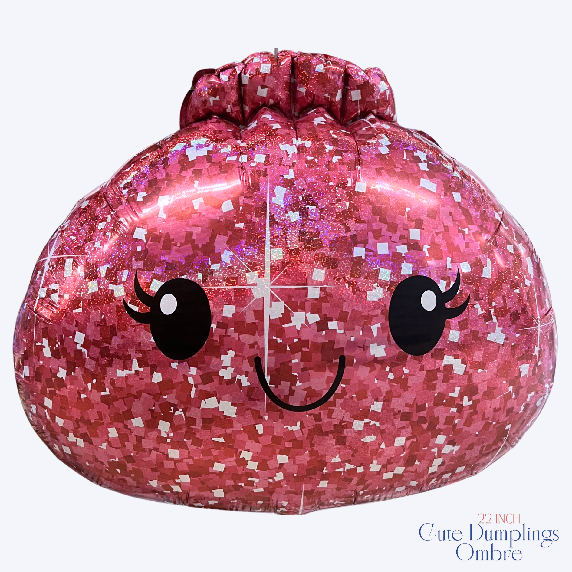 A pink glittery balloon shaped like a cute dumpling with a smiling face, black eyes, and eyelashes, shown on a light gray background with a small 'Cute Dumplings Ombre. Cute dumpling balloon, Kawaii dumpling balloon, Glitter dumpling balloon, Smiling dumpling balloon, Pink dumpling balloon, Holographic dumpling balloon, Ombre dumpling balloon, Gold glitter dumpling balloon, Purple iridescent dumpling balloon, Pastel dumpling balloon, Cute food balloon, Kawaii food decoration
