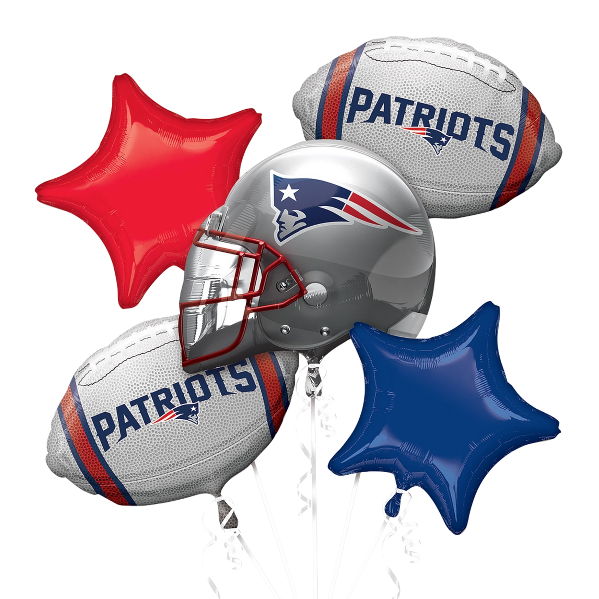 New England Patriots balloons, Patriots helmet balloon, Patriots football balloon, NFL football balloons, red star balloon, navy blue star balloon, silver football balloon, Patriots logo balloon, football helmet balloon, football shaped balloon, NFL balloon bouquet, football balloon bouquet, red blue silver balloons, Patriots birthday decorations, football birthday decorations, game day balloon decorations, football party centerpiece, tailgate decorations, sports balloon bouquet, NFL fan party decor