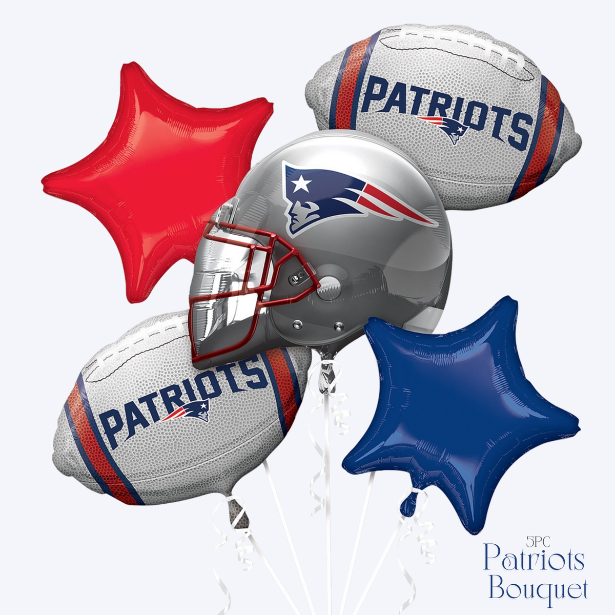 New England Patriots balloons, Patriots helmet balloon, Patriots football balloon, NFL football balloons, red star balloon, navy blue star balloon, silver football balloon, Patriots logo balloon, NFL balloon bouquet, football balloon bouquet, red blue silver balloons, Patriots birthday decorations, football birthday decorations, game day balloon decorations, football party centerpiece, tailgate decorations, sports balloon bouquet, NFL fan party decor, New England football decorations