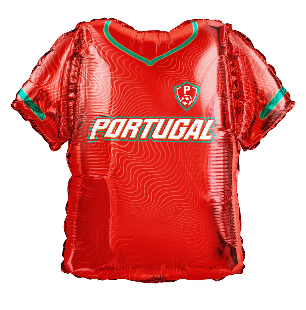 Red balloon shaped like a soccer jersey with 'Portugal' printed on it