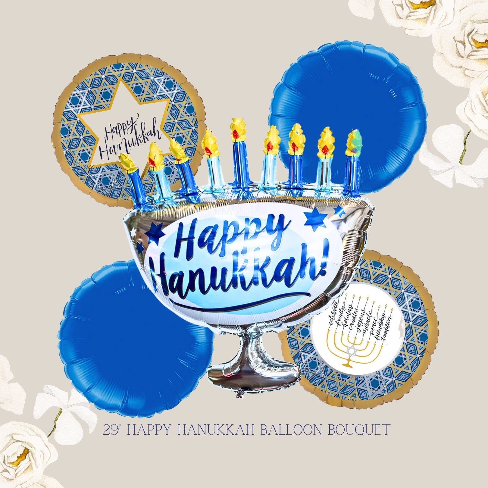 Hanukkah Balloon Bouquet: Menorah & Star Foil Mylar Decor