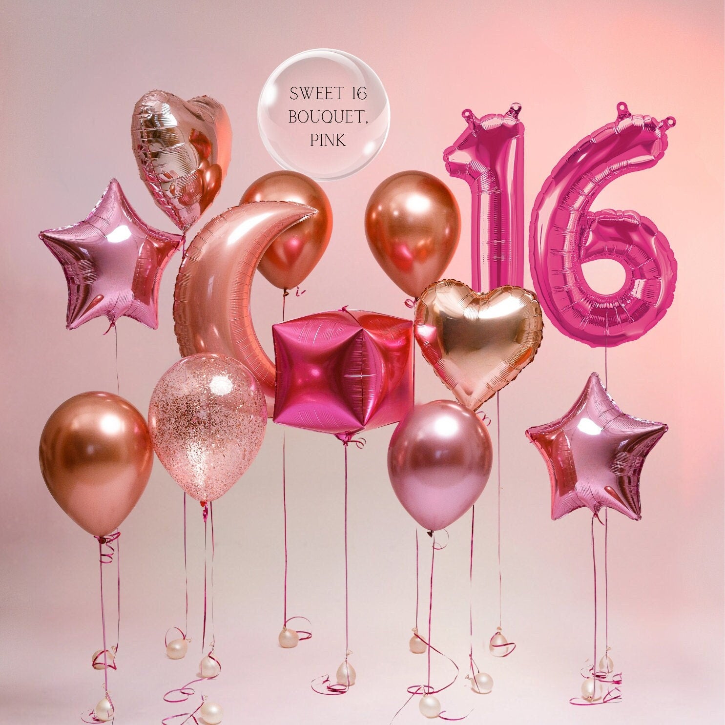 Sweet 16 Balloon Bouquet: Rose Gold, Pink Star & Moon Decor
