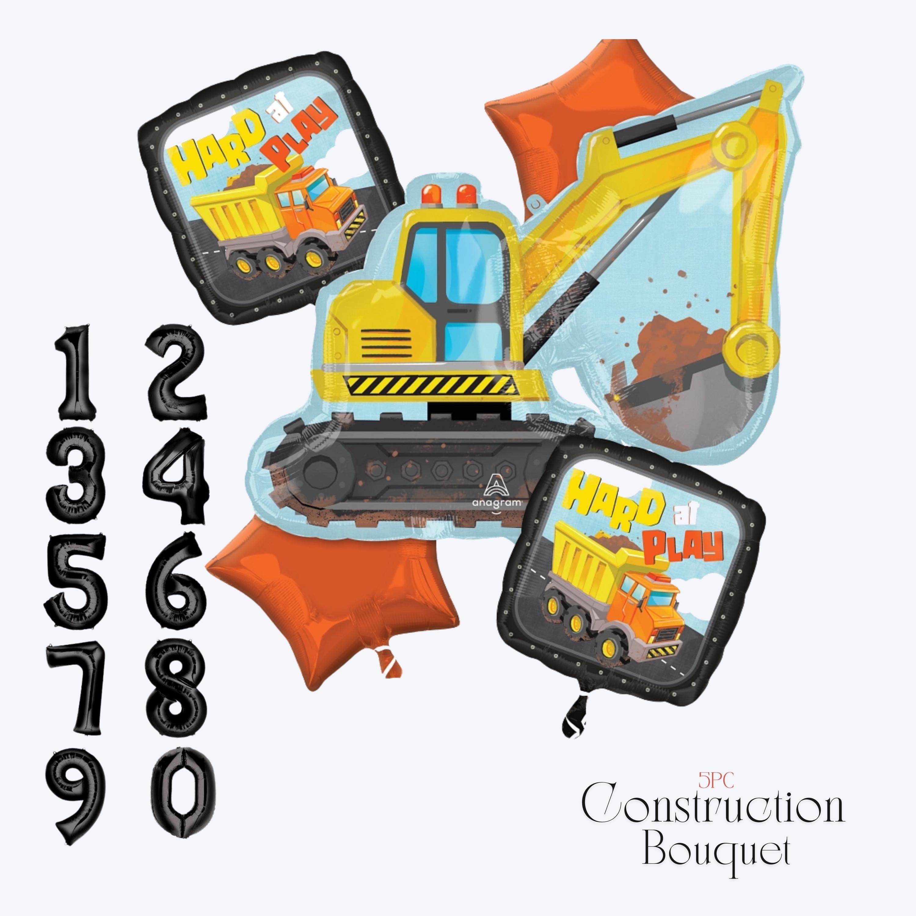 Construction Balloon Bouquet: Excavator, Dump Truck, Digger Birthday Party Decor