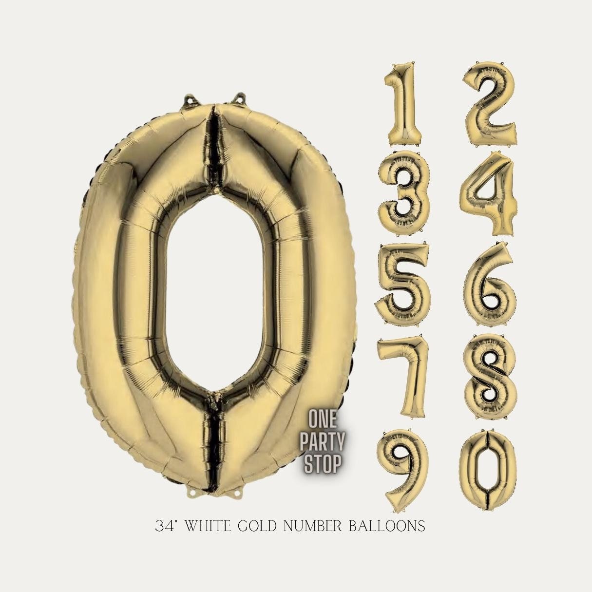 34" White Gold Number Balloon: Foil Mylar Party Decor
