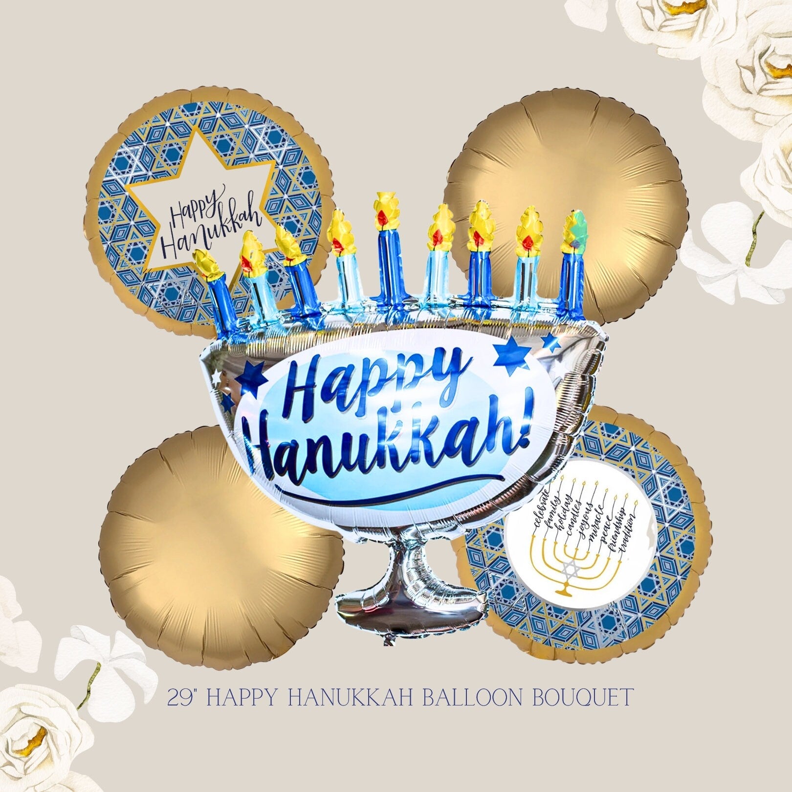Hanukkah Balloon Bouquet: Menorah & Star Decorations