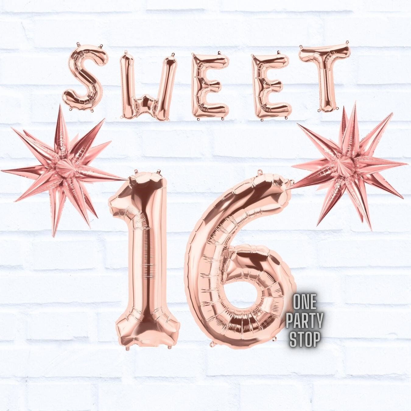 Sweet 16 Rose Gold Balloon Bouquet: Starburst & Number Balloons