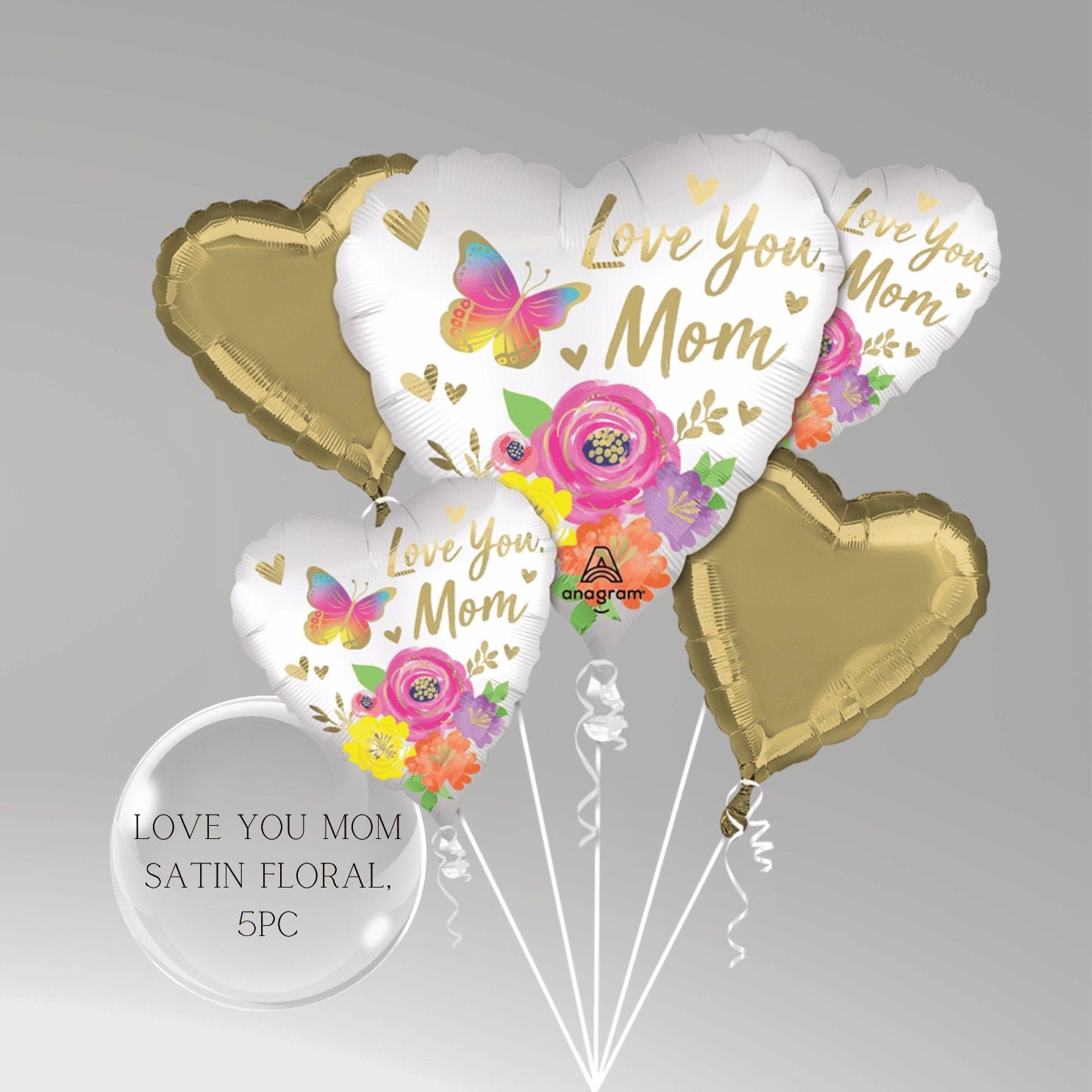 Floral Mother's Day Balloons: Love You Mom Decorations (5pc)