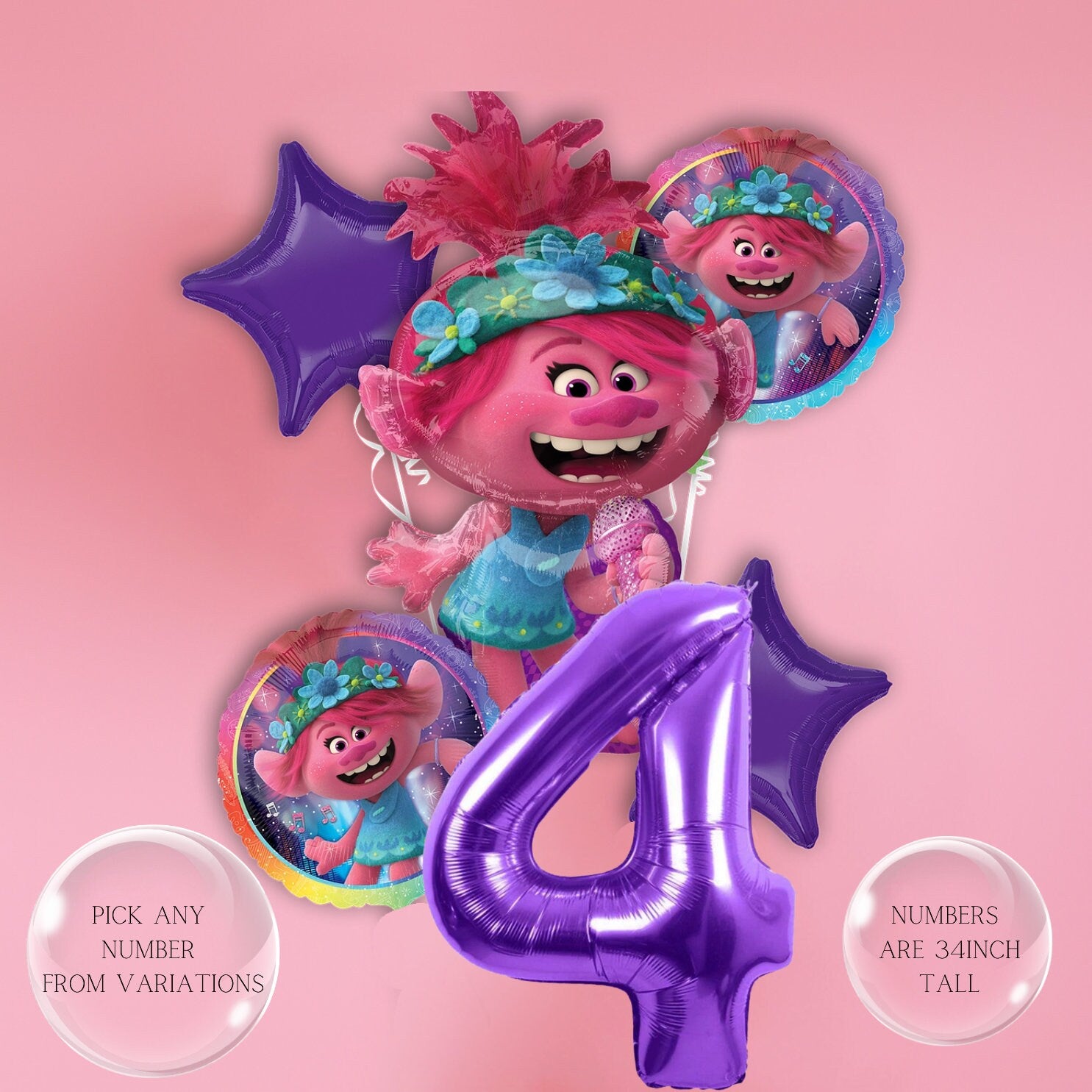 Trolls World Tour Poppy Balloons - Anagram Licensed | Poppy Airwalker | Trolls World Tour Balloon Bouquet | Trolls Birthday Decorations