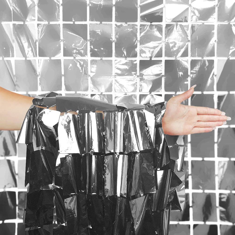 3ft X 6.5ft FOIL SQUARES CURTAIN - METALLIC SILVER