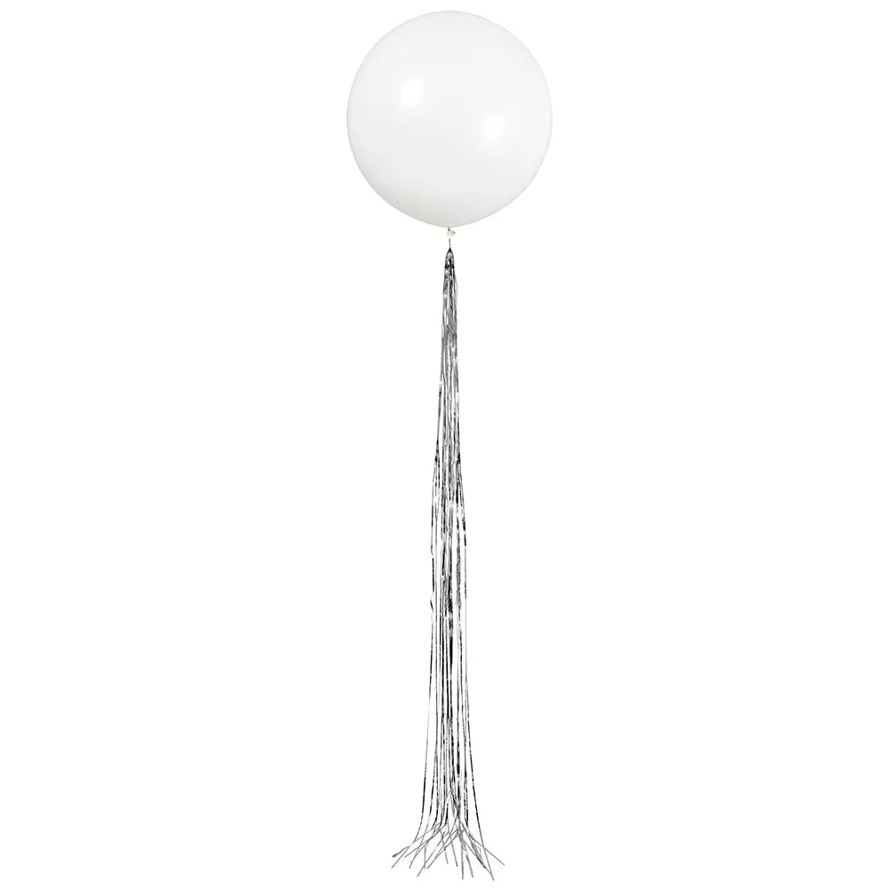 24 inch WHITE LATEX BALLOON WITH SILVER TASSEL