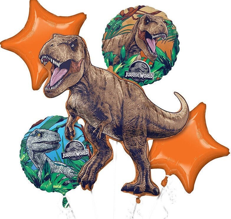 Jurassic Park Balloons | Jurassic World Foil Balloon Bouquet, 5pc | Jurassic World decorations | Dinosaur birthday | Dinosaur supplies