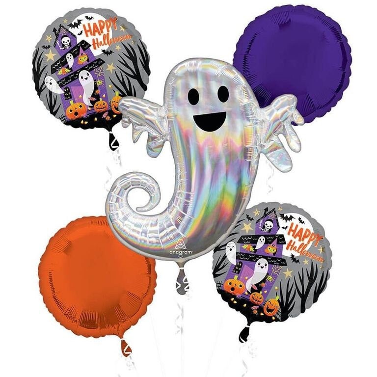 Iridescent Happy Ghost with one Orange 18in balloon, one purple18in round balloon and two 18 in round haunted house balloons that say happy Halloween.