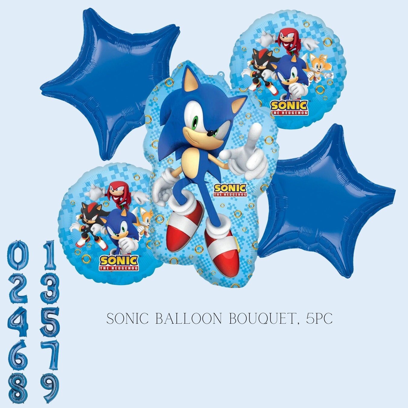 5 pc Sonic the hedgehog Balloon Bouquet. Includes One Sonic Supershape 2 stars and 2 18in round balloons thatfeatures Sonic and his Friends.