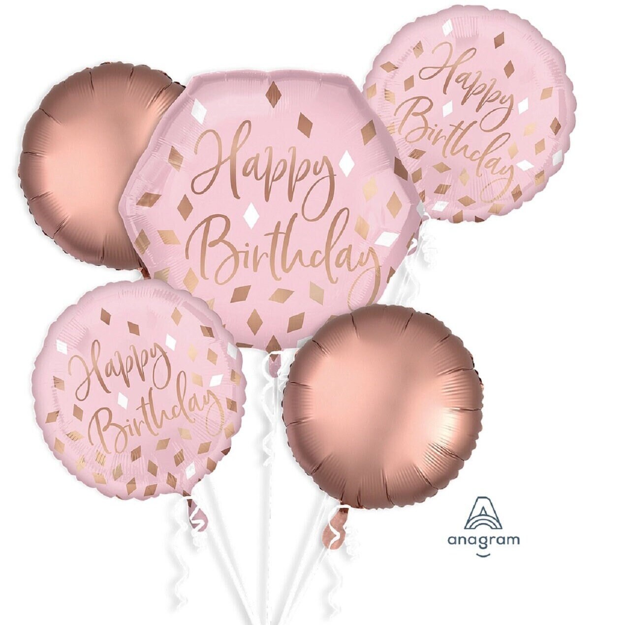 This five-pack of balloons includes a large hexagonal &quot;Happy Birthday&quot; focus balloon, two matching round balloons, two solid rose gold fill balloons, and two rose gold Orbz balloons to tie it all together.