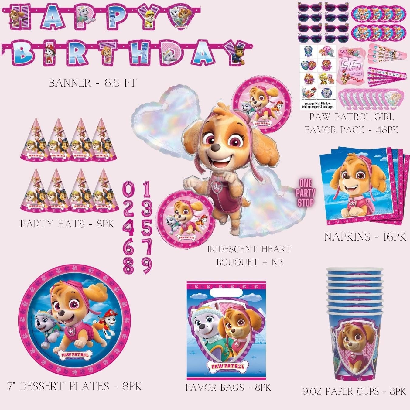 Paw Patrol Girl Birthday Banner | Skye Paper Plates | Skye paper cups | Skye Napkins | Paw Patrol Favor Bags.