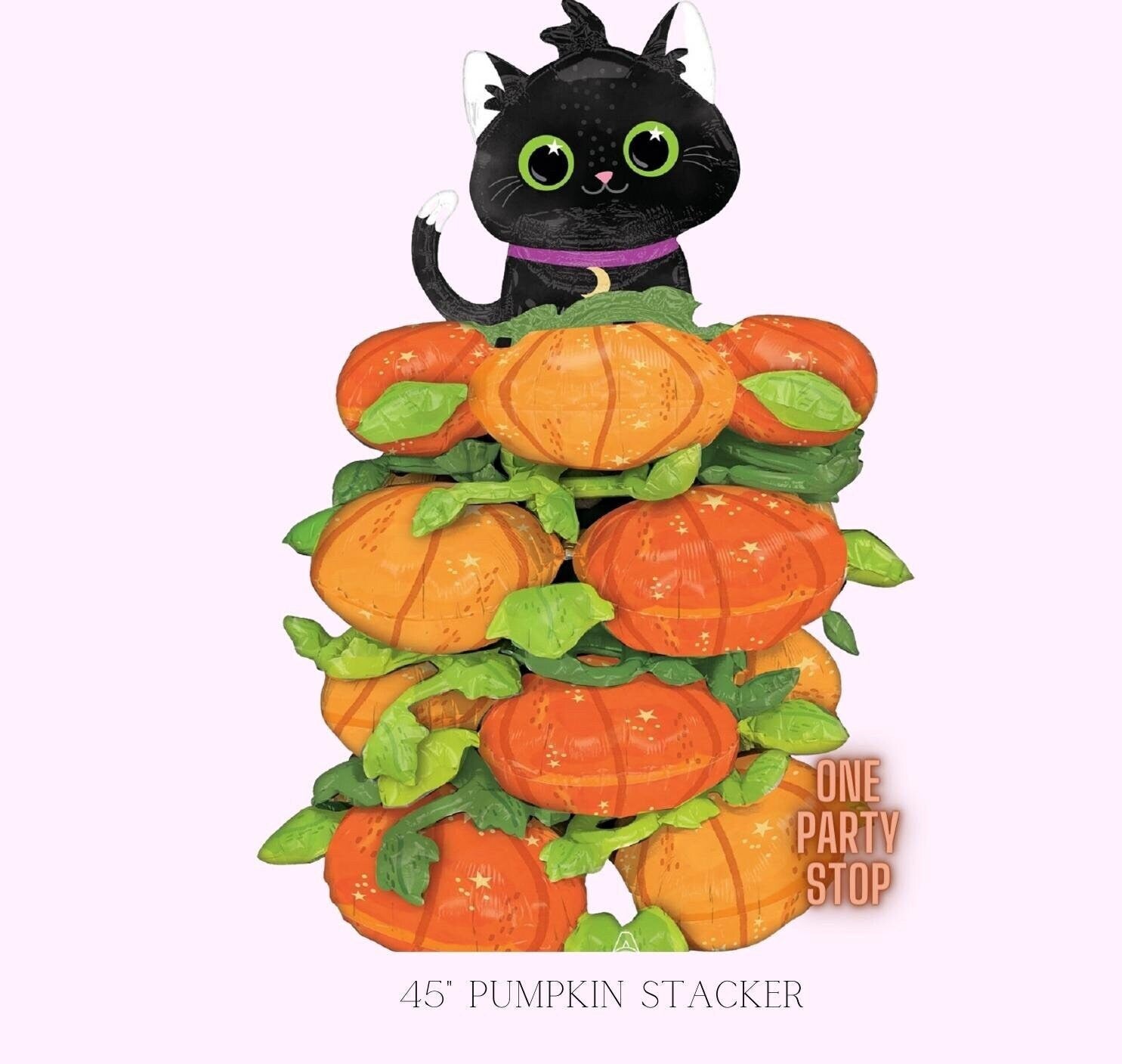 Adorable pumpkin patch to your indoor Halloween decor with this stacked foil balloon. Once inflated with air, it sits on the floor of your party. Its super-cute design has a sweet black cat sitting on a stack of orange pumpkins with green leaves.