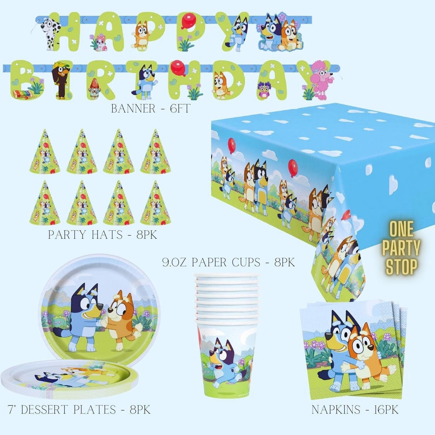 Bluey 6ft Banner Bluey birthday Hats Bluey Table Cover 54x84 7&quot; Desert Plates 8pk 9oz Paper Cups featuring bluey - 8pk Bluey Napkins - 16pc