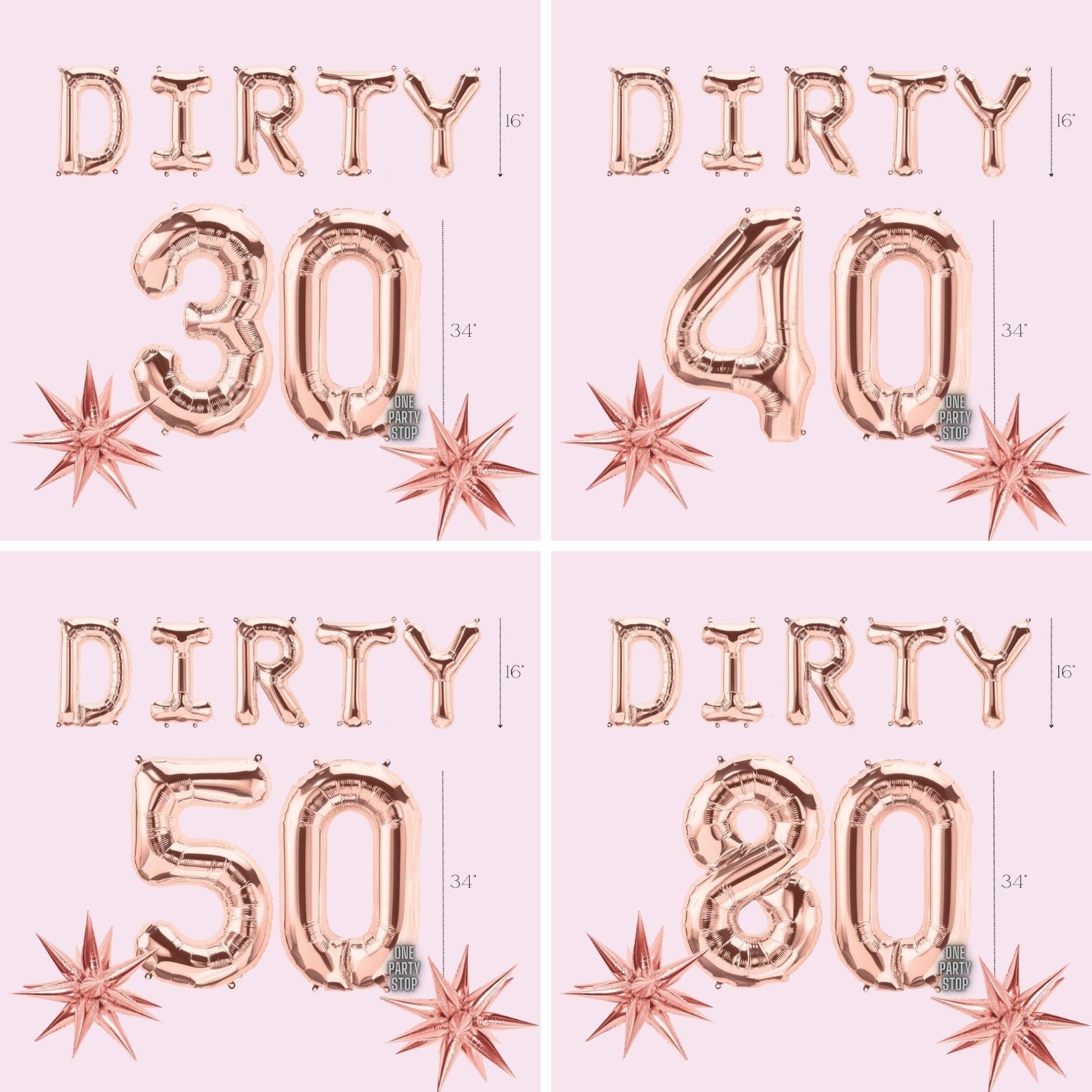 Dirty 30 Rose Gold Balloons | Dirty 40 | Dirty 50 | Dirty 80 | Blush Birthday Balloon Bouquet | Birthday Balloons | Large Gold Rose Numbers