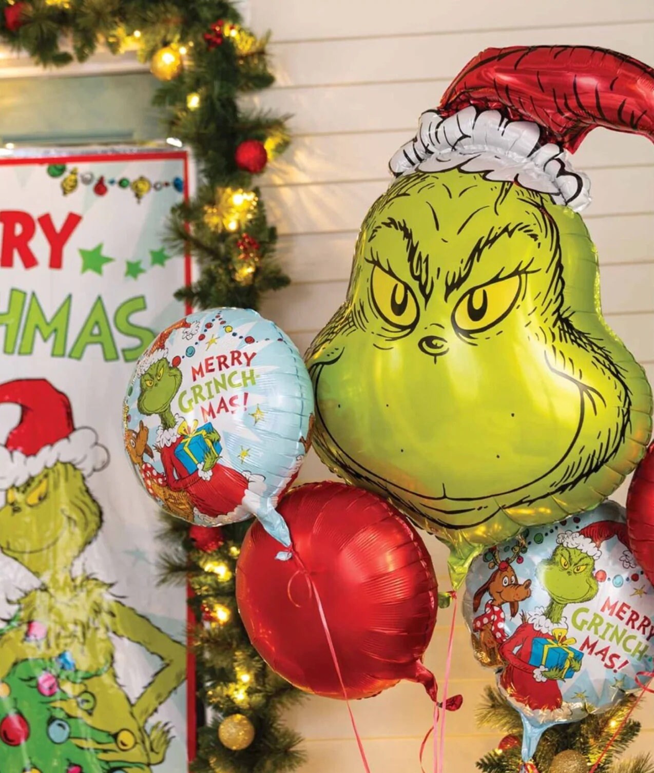 Merry Grinchmas Balloon, 18in | Grinch Balloons | Gingerbread House & Holiday Cookies Bouquet | Christmas Decor | Holiday Decorations